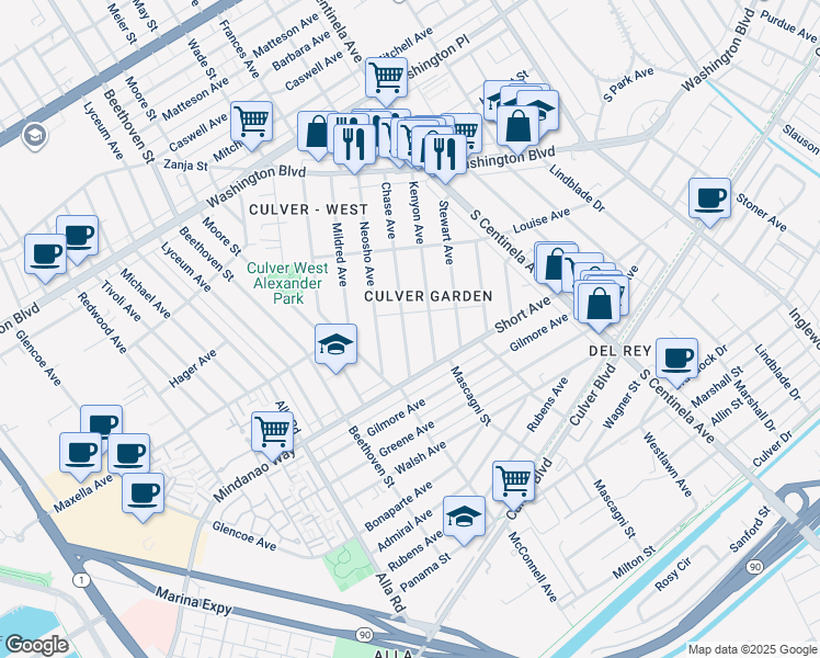 map of restaurants, bars, coffee shops, grocery stores, and more near 4320 Chase Avenue in Los Angeles