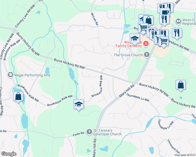 map of restaurants, bars, coffee shops, grocery stores, and more near 5553 Fallsbrook Trce in Acworth