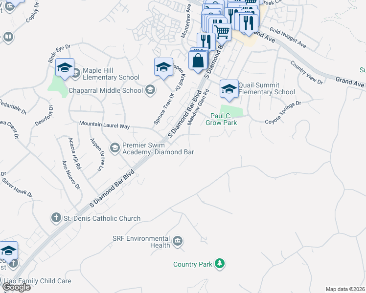 map of restaurants, bars, coffee shops, grocery stores, and more near 23121 Singing Wind Road in Diamond Bar