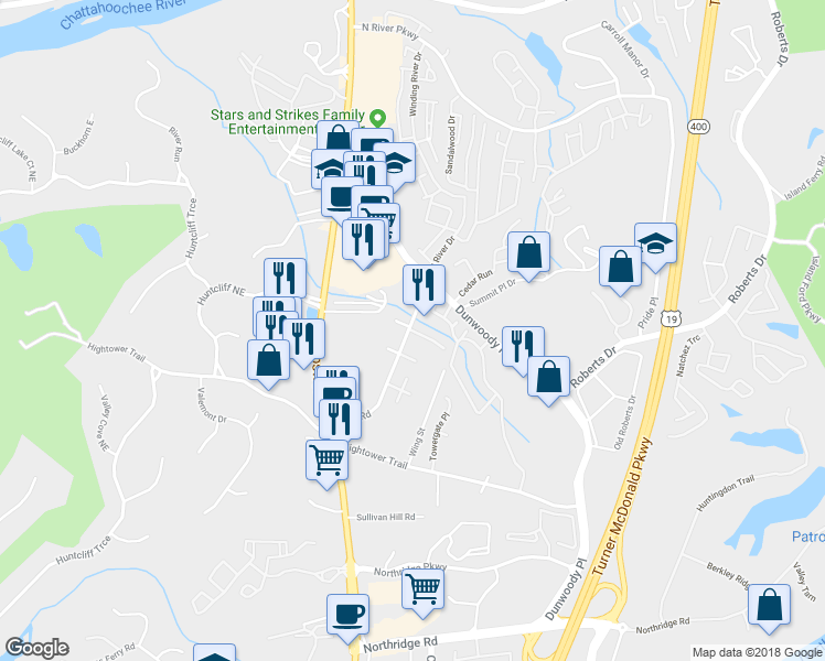 map of restaurants, bars, coffee shops, grocery stores, and more near 1201 Apperley Place in Sandy Springs