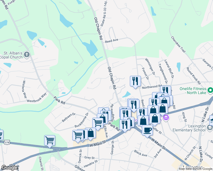 map of restaurants, bars, coffee shops, grocery stores, and more near 203 Old Chapin Road in Lexington