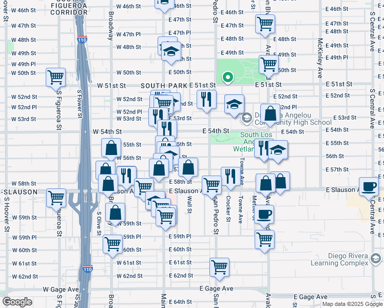 map of restaurants, bars, coffee shops, grocery stores, and more near 203 56th Street in Los Angeles