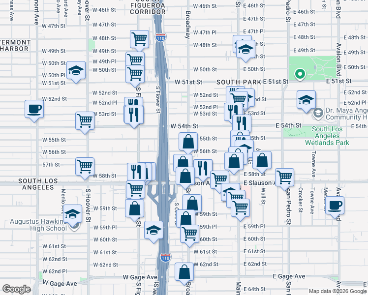 map of restaurants, bars, coffee shops, grocery stores, and more near 317 West 56th Street in Los Angeles