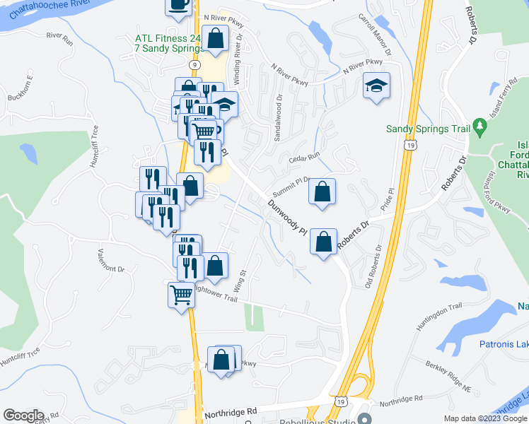 map of restaurants, bars, coffee shops, grocery stores, and more near 414 Summit Springs Drive in Sandy Springs