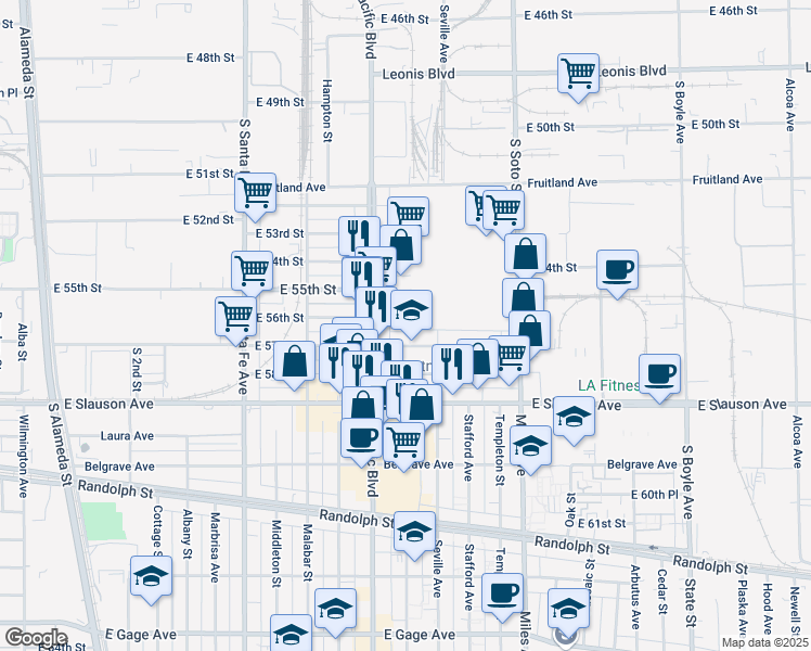map of restaurants, bars, coffee shops, grocery stores, and more near 2629 East 57th Street in Huntington Park