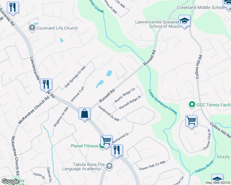 map of restaurants, bars, coffee shops, grocery stores, and more near 448 Russell Road in Lawrenceville