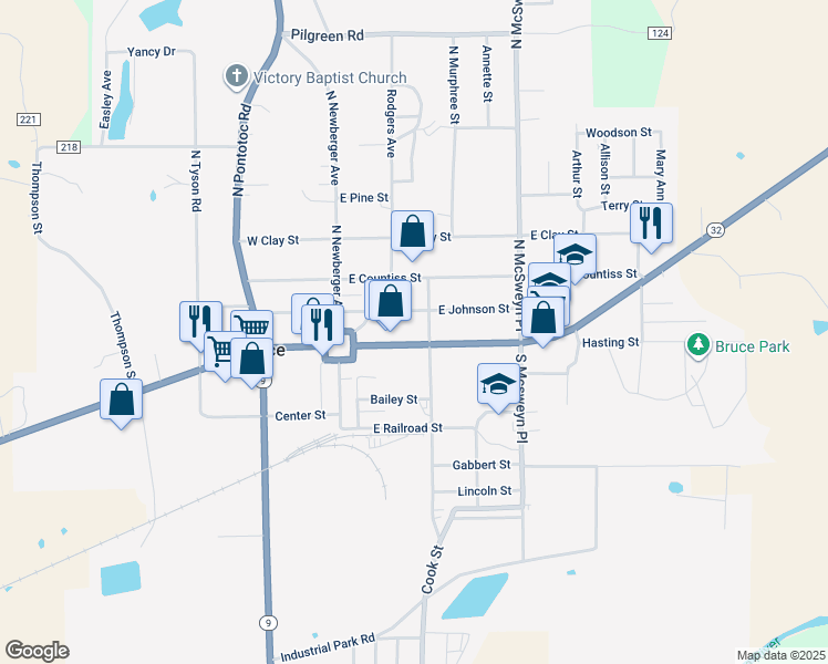 map of restaurants, bars, coffee shops, grocery stores, and more near 123 East Calhoun Street in Bruce