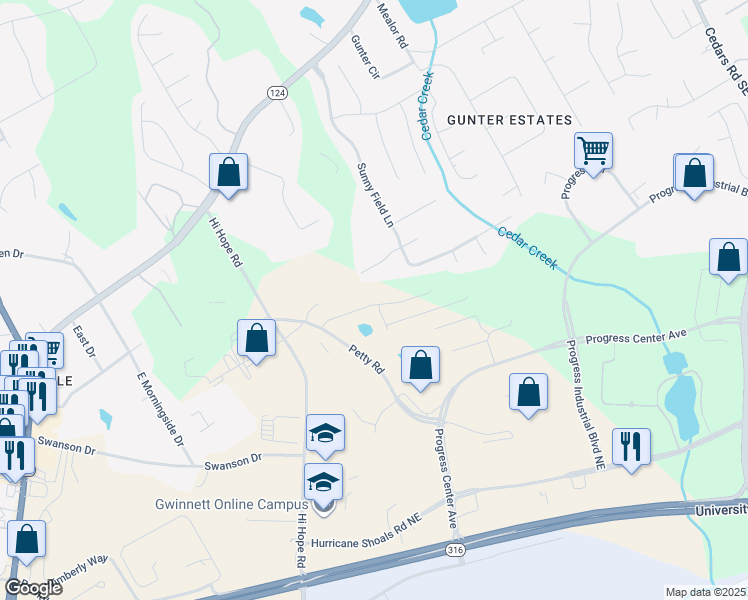 map of restaurants, bars, coffee shops, grocery stores, and more near 900 Petty Road in Lawrenceville