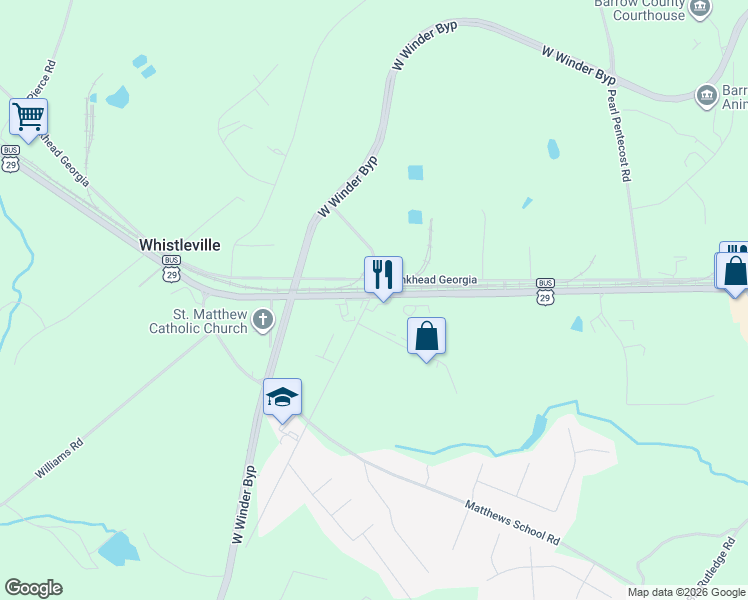 map of restaurants, bars, coffee shops, grocery stores, and more near 10a Patrick Mill Road Southwest in Winder