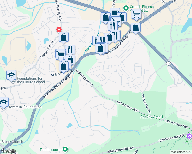 map of restaurants, bars, coffee shops, grocery stores, and more near 1541 Endurance Hill Drive Northwest in Kennesaw