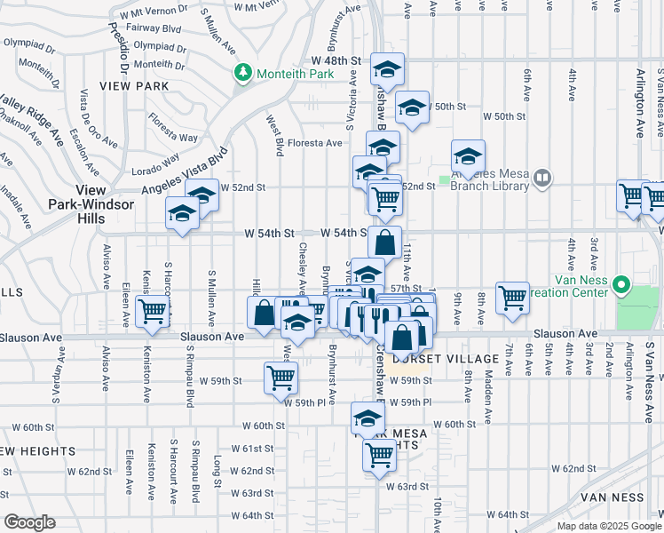 map of restaurants, bars, coffee shops, grocery stores, and more near 5444 Brynhurst Avenue in Los Angeles