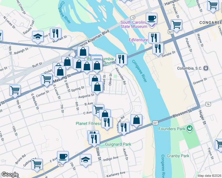 map of restaurants, bars, coffee shops, grocery stores, and more near 214 Augusta Street in West Columbia