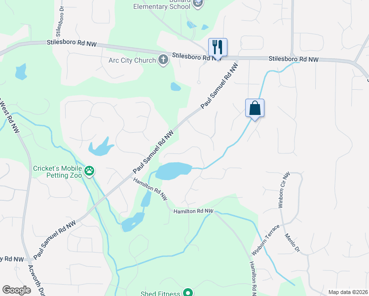map of restaurants, bars, coffee shops, grocery stores, and more near 1452 Sutters Pond Drive in Kennesaw