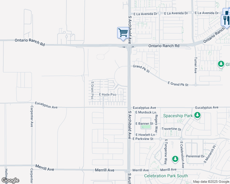 map of restaurants, bars, coffee shops, grocery stores, and more near 2563 East Hyde Paseo in Ontario