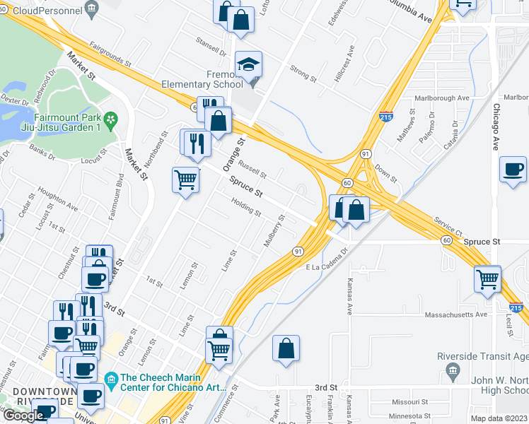 map of restaurants, bars, coffee shops, grocery stores, and more near 3367 Holding Street in Riverside