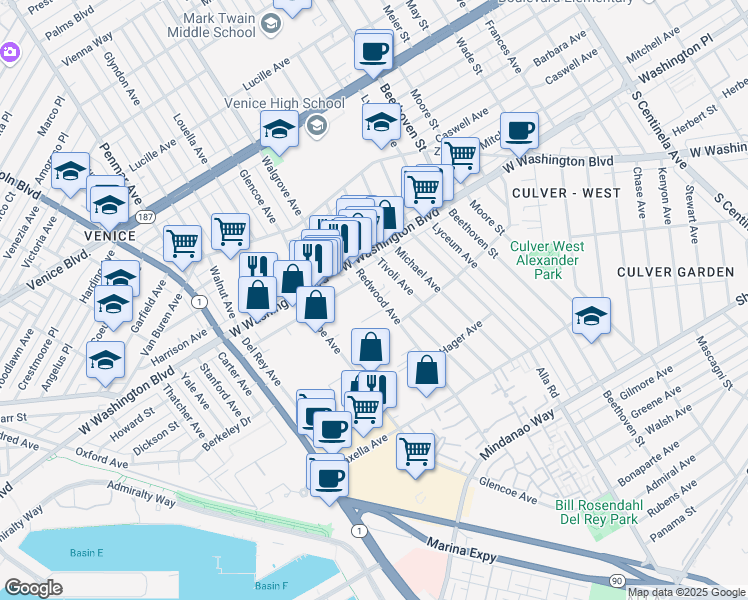 map of restaurants, bars, coffee shops, grocery stores, and more near 4055 Redwood Avenue in Marina del Rey