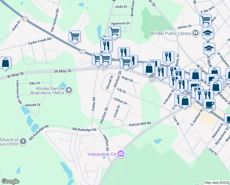 map of restaurants, bars, coffee shops, grocery stores, and more near 44 Horton Street in Winder