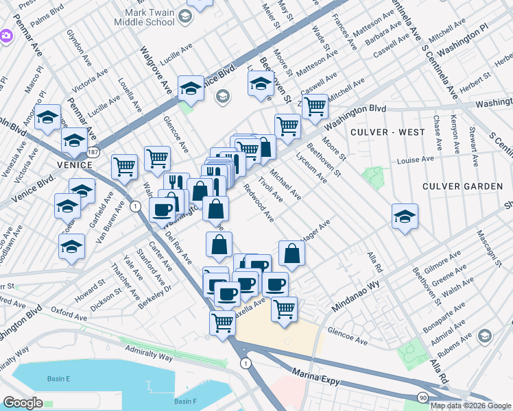 map of restaurants, bars, coffee shops, grocery stores, and more near 4055 Redwood Avenue in Los Angeles