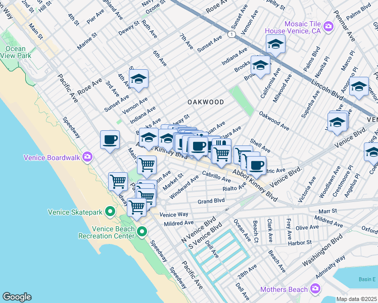 map of restaurants, bars, coffee shops, grocery stores, and more near 1205 Abbot Kinney Boulevard in Los Angeles