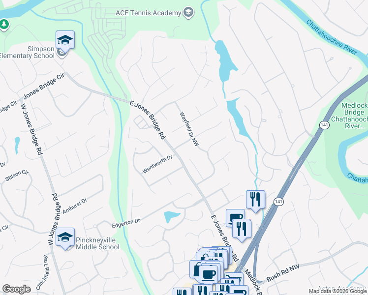 map of restaurants, bars, coffee shops, grocery stores, and more near 5072 Bridgeport Lane Northwest in Norcross