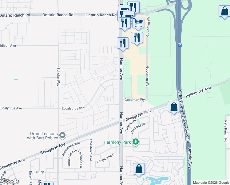 map of restaurants, bars, coffee shops, grocery stores, and more near 69-143 Merrill Avenue in Ontario