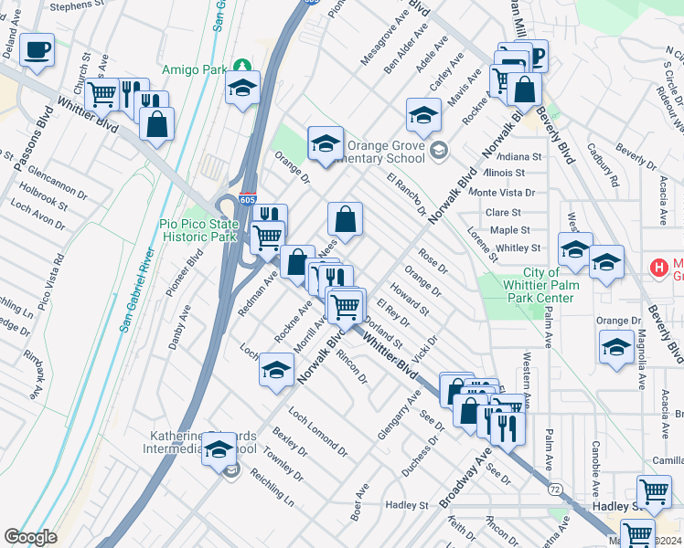 map of restaurants, bars, coffee shops, grocery stores, and more near 5938 Rockne Avenue in Whittier
