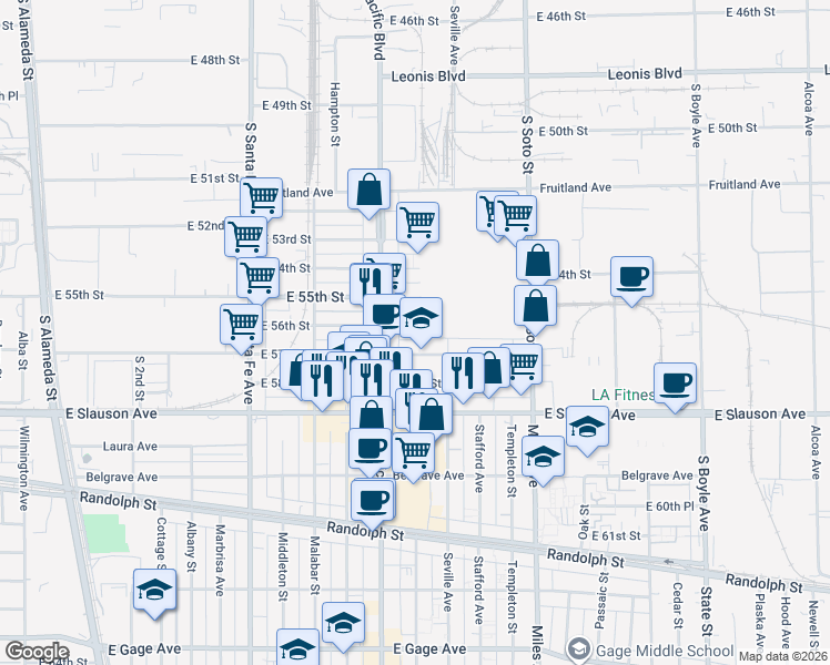 map of restaurants, bars, coffee shops, grocery stores, and more near 2629 East 57th Street in Huntington Park