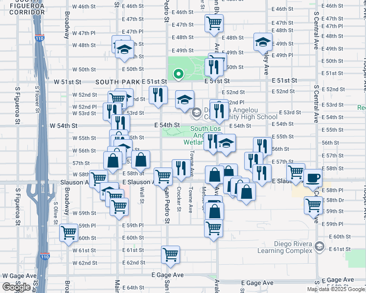 map of restaurants, bars, coffee shops, grocery stores, and more near 370 East 56th Street in Los Angeles