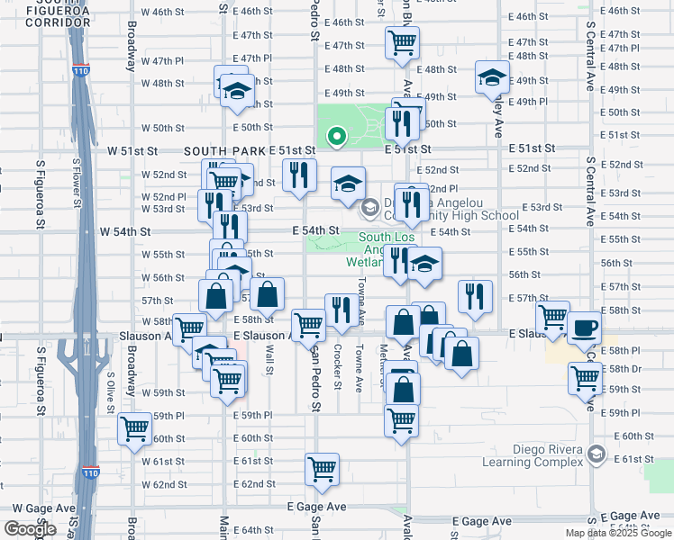 map of restaurants, bars, coffee shops, grocery stores, and more near 333 East 56th Street in Los Angeles