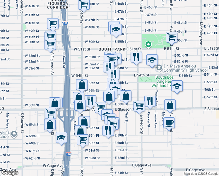 map of restaurants, bars, coffee shops, grocery stores, and more near 127 West 56th Street in Los Angeles