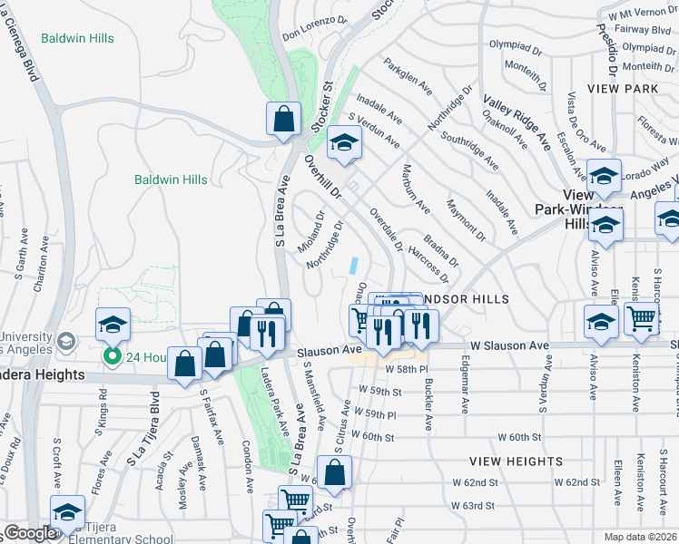 map of restaurants, bars, coffee shops, grocery stores, and more near 5603 Heatherdale Drive in View Park-Windsor Hills