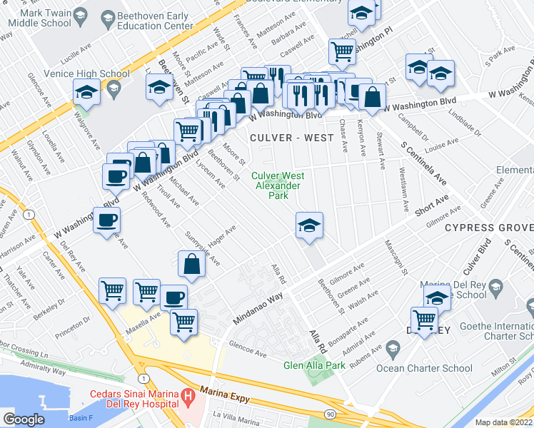 map of restaurants, bars, coffee shops, grocery stores, and more near 4245 Beethoven Street in Los Angeles