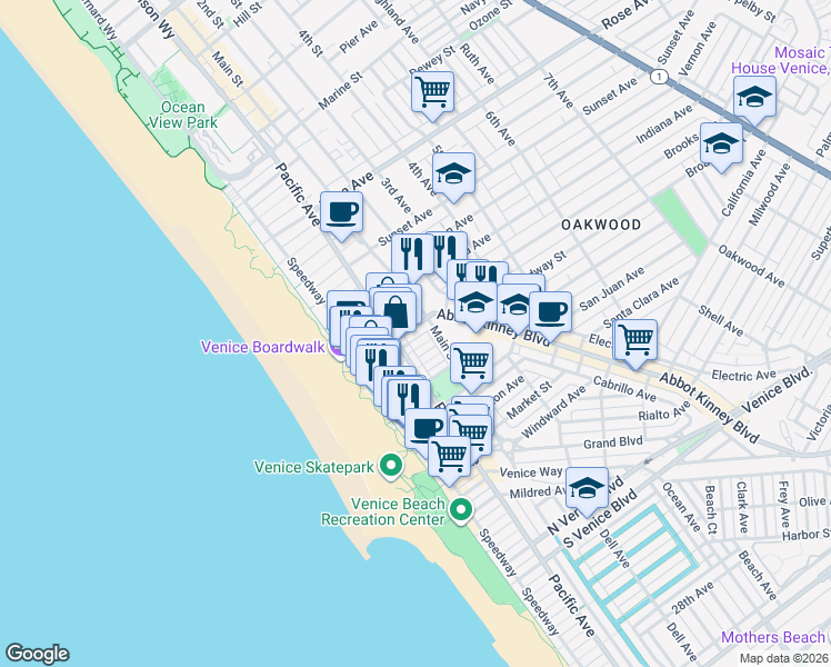 map of restaurants, bars, coffee shops, grocery stores, and more near 115 Breeze Avenue in Los Angeles
