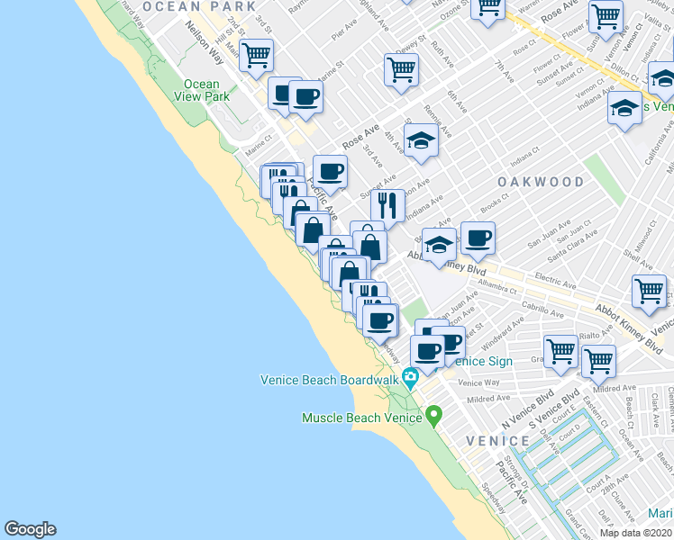 map of restaurants, bars, coffee shops, grocery stores, and more near 719 Ocean Front Walk in Los Angeles