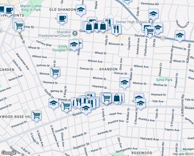 map of restaurants, bars, coffee shops, grocery stores, and more near 2818 Monroe Street in Columbia