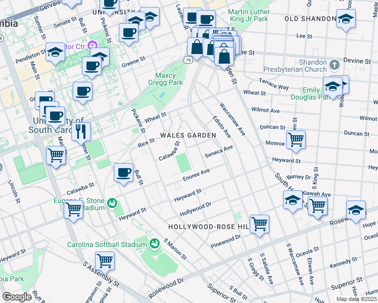 map of restaurants, bars, coffee shops, grocery stores, and more near 1638 Catawba Street in Columbia