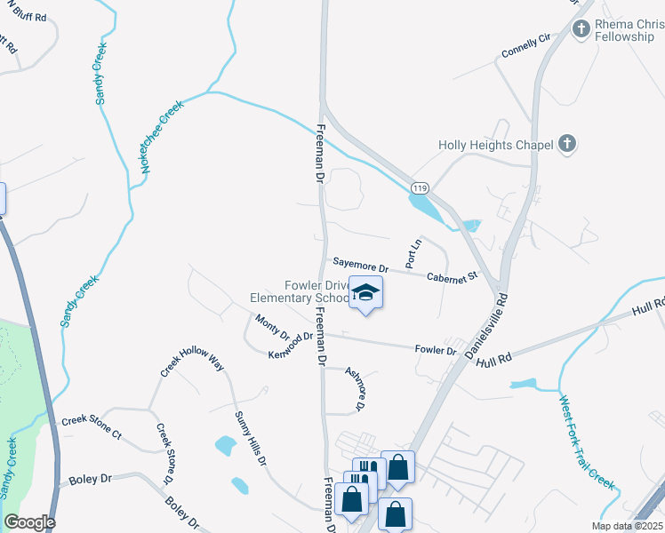 map of restaurants, bars, coffee shops, grocery stores, and more near 600 Freeman Drive in Athens