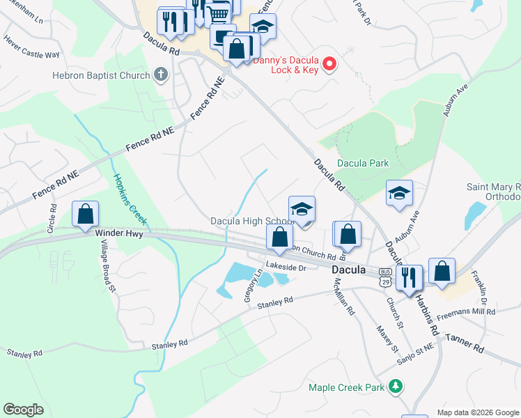 map of restaurants, bars, coffee shops, grocery stores, and more near 140 Whisper Way Northeast in Dacula