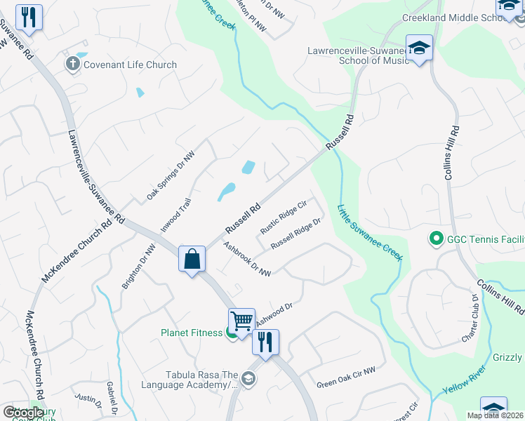 map of restaurants, bars, coffee shops, grocery stores, and more near 448 Russell Road in Lawrenceville