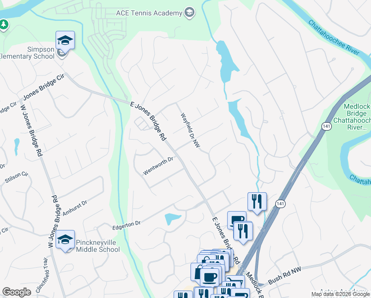 map of restaurants, bars, coffee shops, grocery stores, and more near 5072 Bridgeport Lane Northwest in Norcross