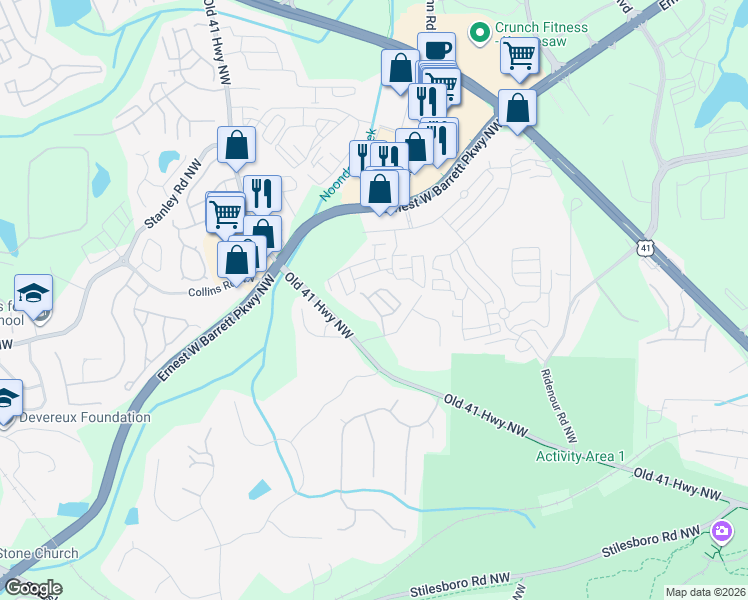 map of restaurants, bars, coffee shops, grocery stores, and more near 1516 Endurance Hill Drive Northwest in Kennesaw