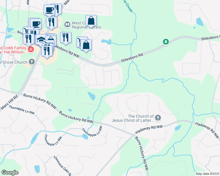 map of restaurants, bars, coffee shops, grocery stores, and more near 1575 Petal Point Northwest in Kennesaw