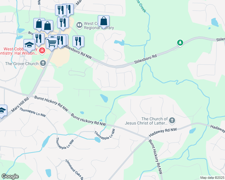 map of restaurants, bars, coffee shops, grocery stores, and more near 1758 Rose Hedge Way Northwest in Kennesaw