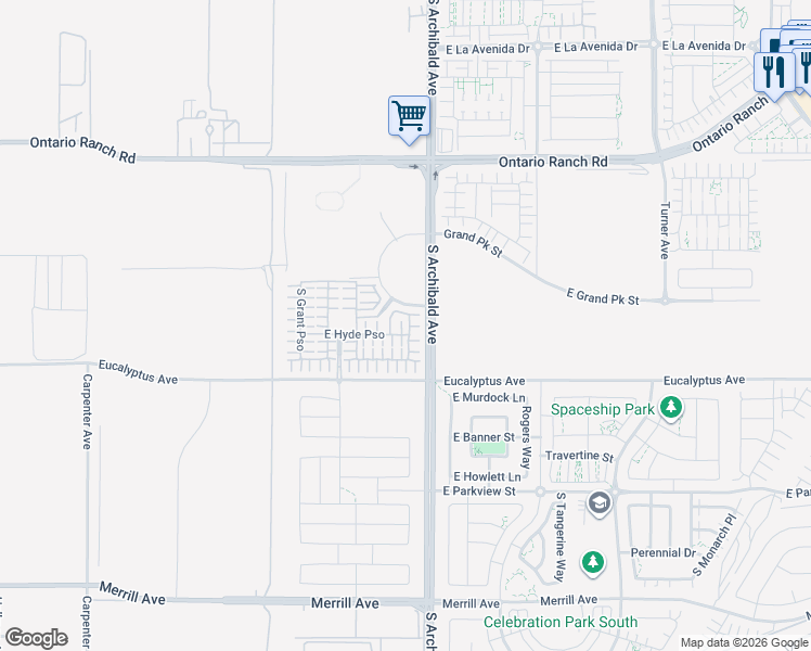 map of restaurants, bars, coffee shops, grocery stores, and more near 2653 East Hyde Paseo in Ontario