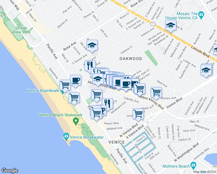 map of restaurants, bars, coffee shops, grocery stores, and more near 347 Westminster Avenue in Los Angeles