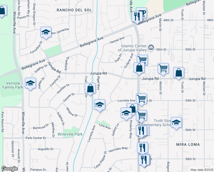 map of restaurants, bars, coffee shops, grocery stores, and more near 11220 Puente Way in Jurupa Valley