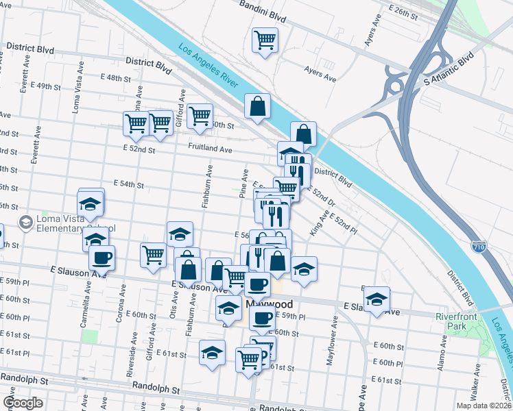 map of restaurants, bars, coffee shops, grocery stores, and more near 4426 East 54th Street in Maywood