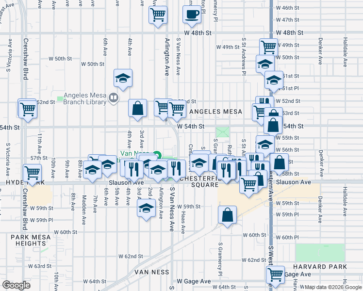 map of restaurants, bars, coffee shops, grocery stores, and more near 5512 South Van Ness Avenue in Los Angeles