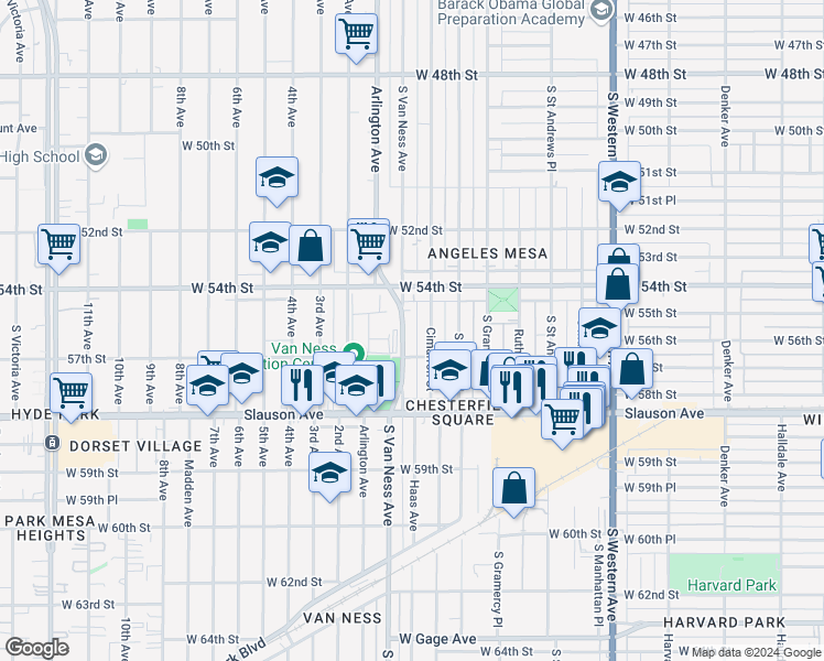 map of restaurants, bars, coffee shops, grocery stores, and more near 5512 South Van Ness Avenue in Los Angeles