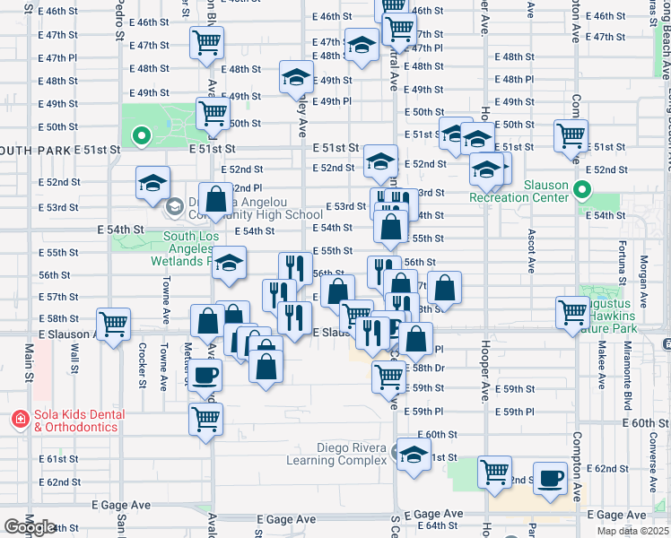 map of restaurants, bars, coffee shops, grocery stores, and more near 927 56th Street in Los Angeles